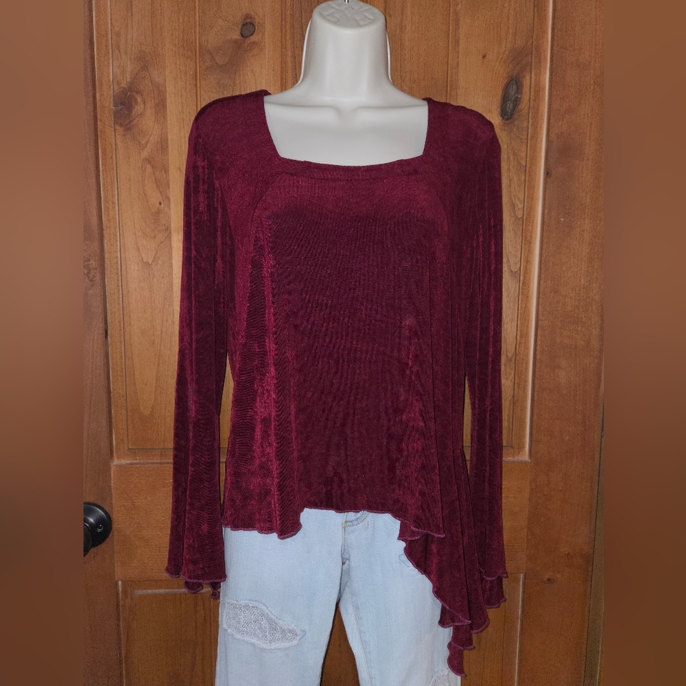 Vintage Asymmetric Angel Sleeve Square Neck Blouse in Burgundy